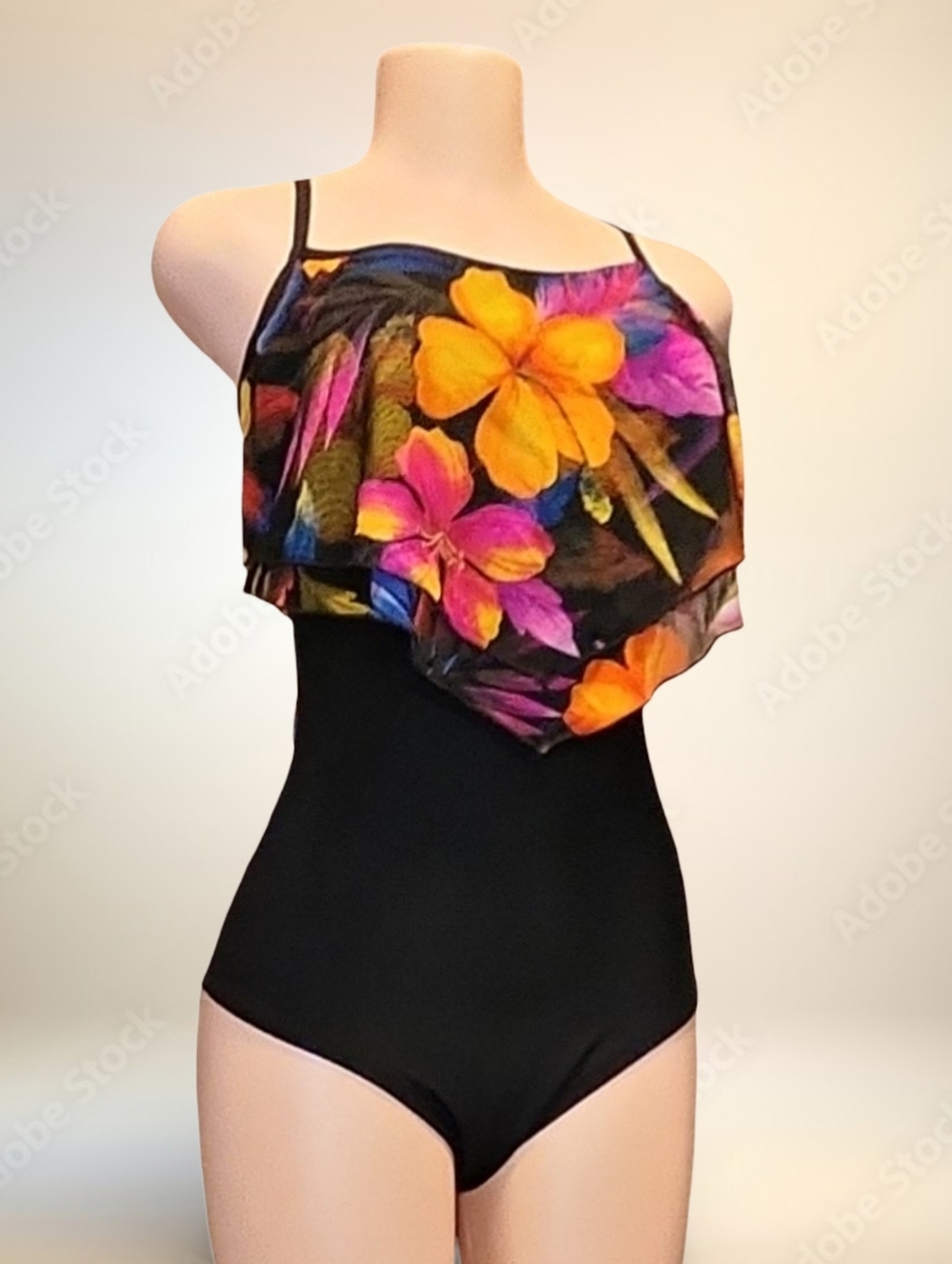 Vintage Longitude Black Floral One Piece Swimsuit Plus Size 20W Spaghetti Strap
